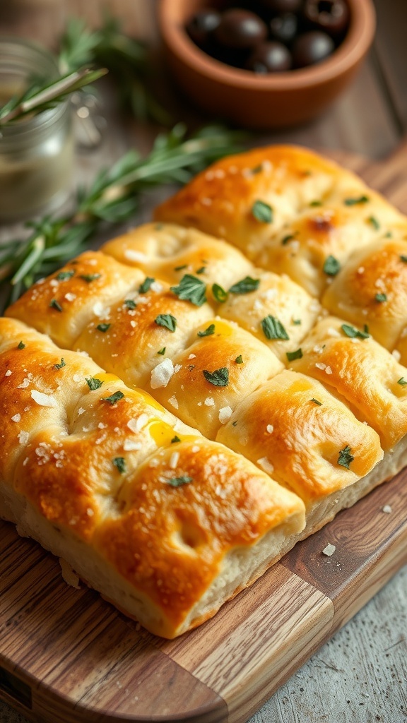 Sourdough Discard Focaccia Bread Recipe Golden-brown focaccia bread topped with herbs and sea salt, cut into squares on a wooden board.
